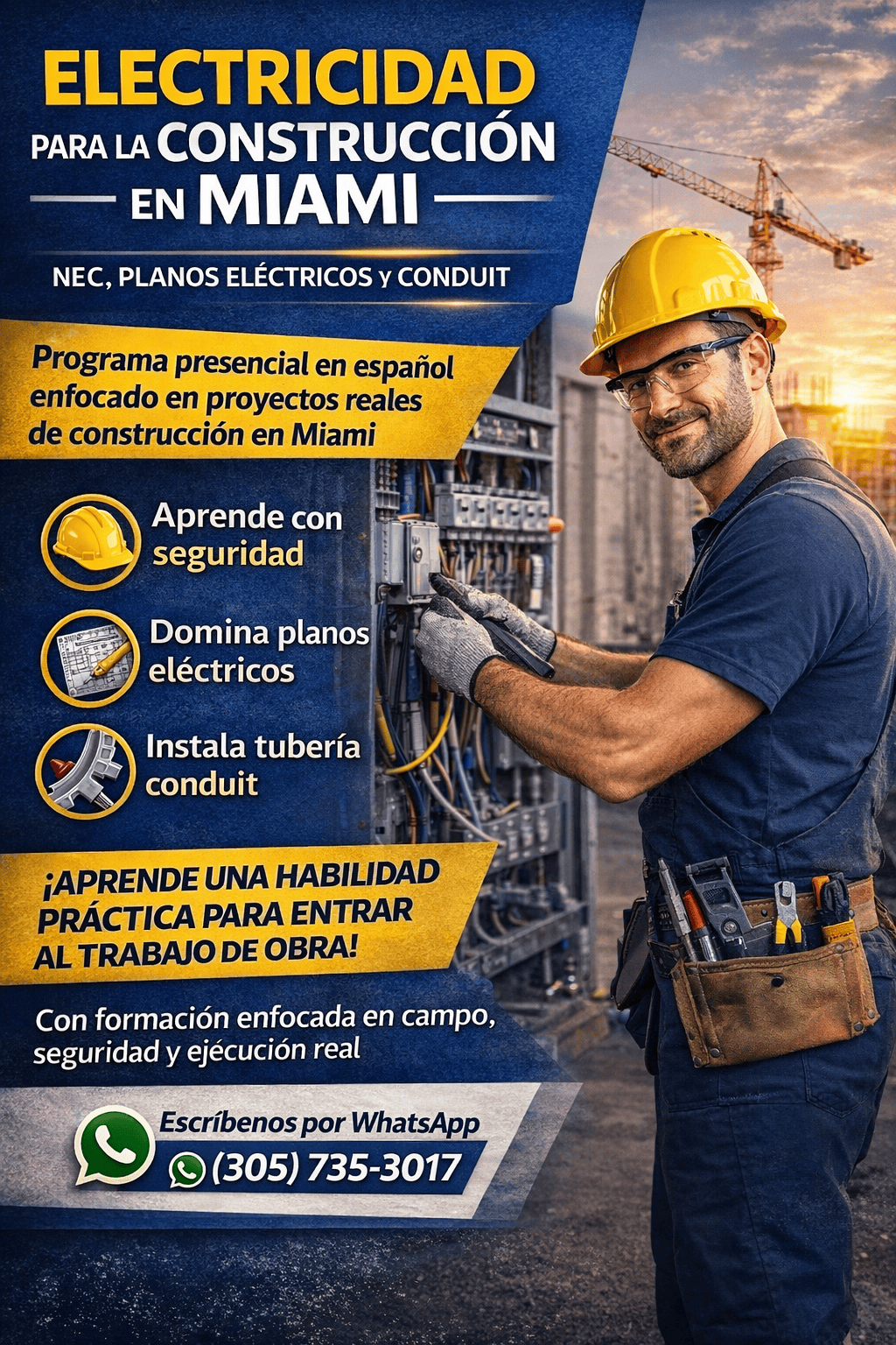 Curso de electricidad para construcción en Miami en español con práctica en conduit y planos eléctricos