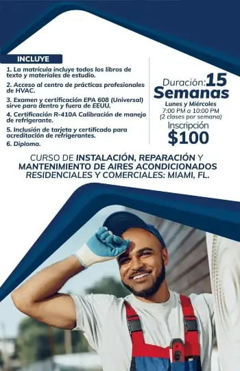 "Técnico alegre ajustando un aire acondicionado con información sobre el curso corto de certificación HVAC en Miami."