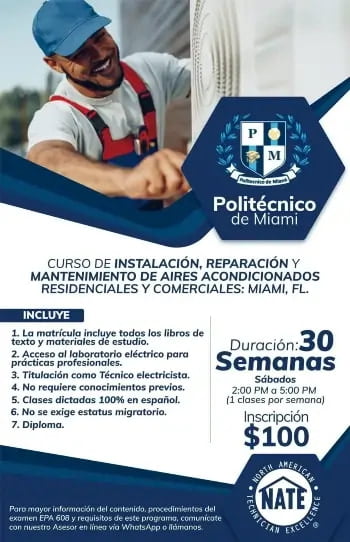 "Técnico sonriente ajustando un sistema de aire acondicionado, promoción de curso de HVAC del Politécnico de Miami."