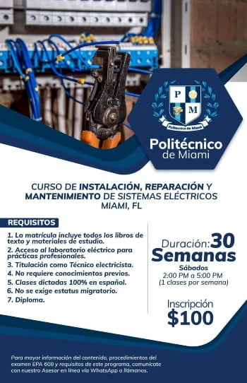 Promotional poster for the 'Curso de Instalación, Reparación y Mantenimiento de Sistemas Eléctricos' at Politécnico de Miami. The poster displays a vivid image of electrical components and tools with overlay text detailing the course requirements, duration, class times, and registration fee in Spanish. Notable features include the school's emblem with blue and gold colors, and contact information at the bottom.