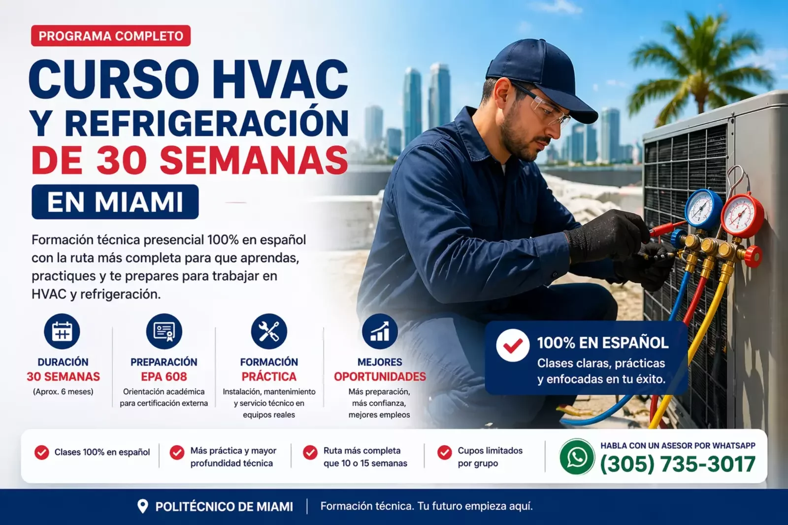 Curso HVAC y refrigeración de 30 semanas en Miami en español