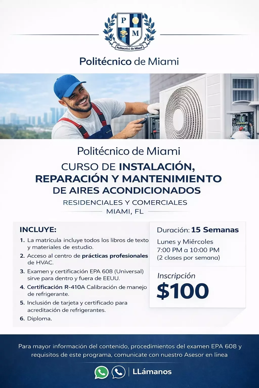 Curso de HVAC 15 semanas en Miami con certificación