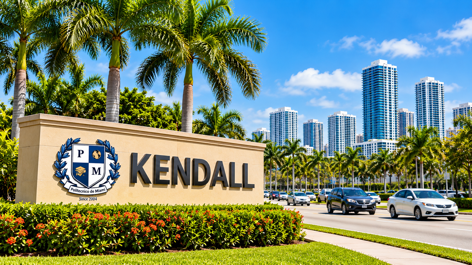 Entrada de Kendall, Florida, bajo un cielo soleado de Miami