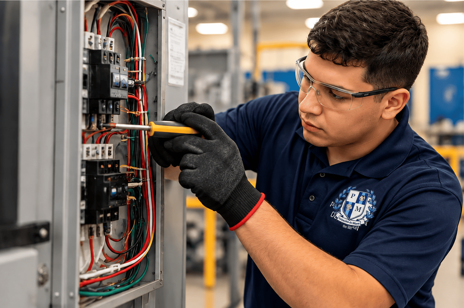 Técnico cableando un panel de control eléctrico durante entrenamiento práctico