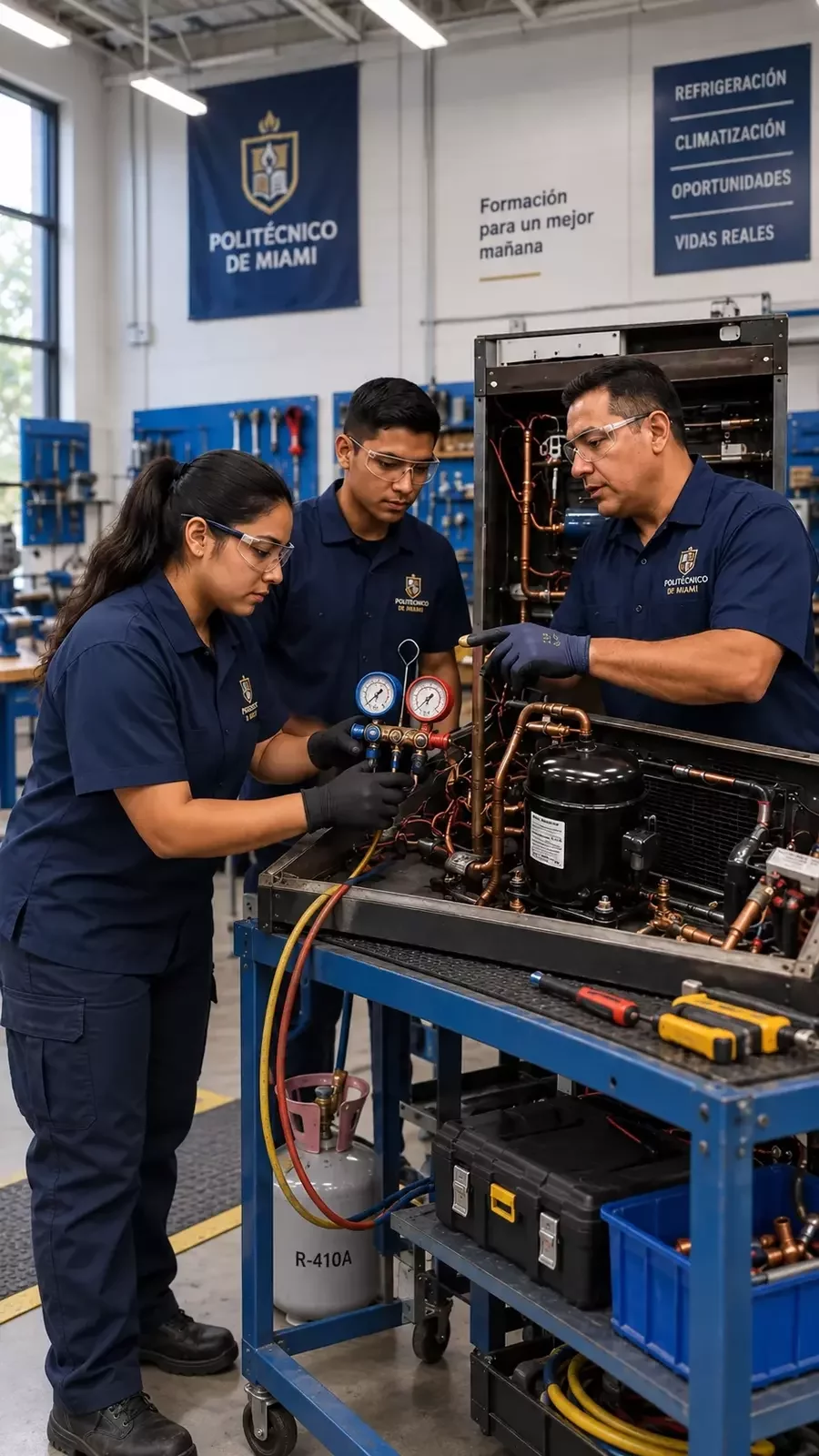 Estudiantes practicando HVAC y refrigeración comercial con un instructor en Miami