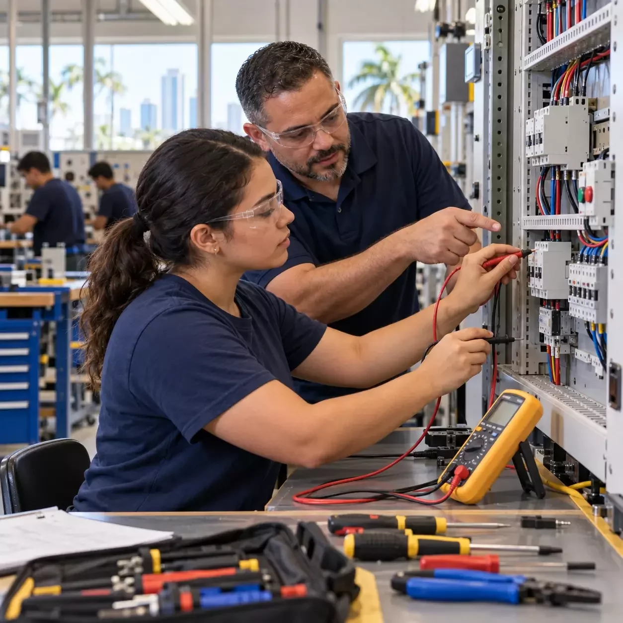 Estudiante practicando electricidad con un instructor en un taller técnico de Miami