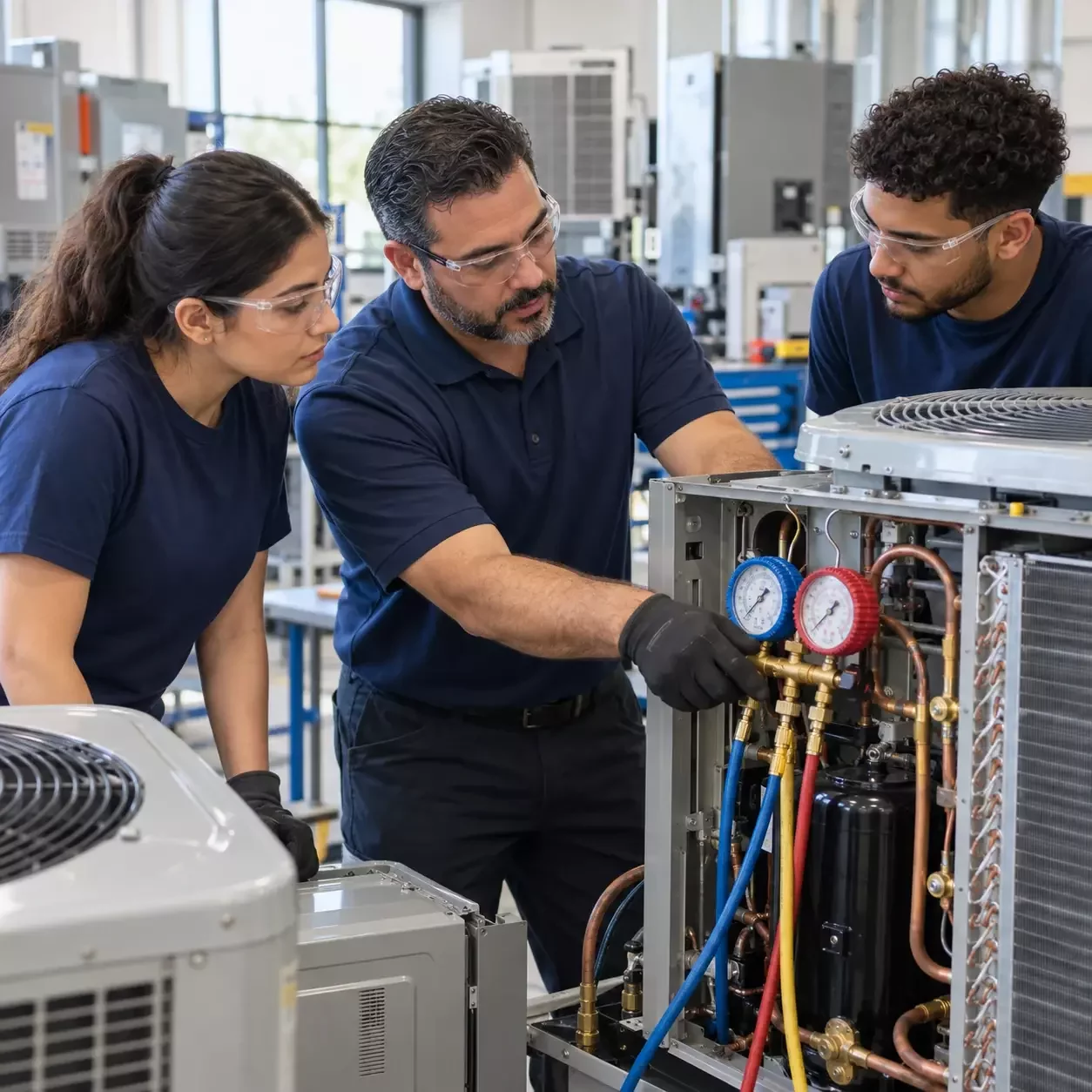 Estudiantes practicando HVAC y refrigeración comercial con un instructor en Miami