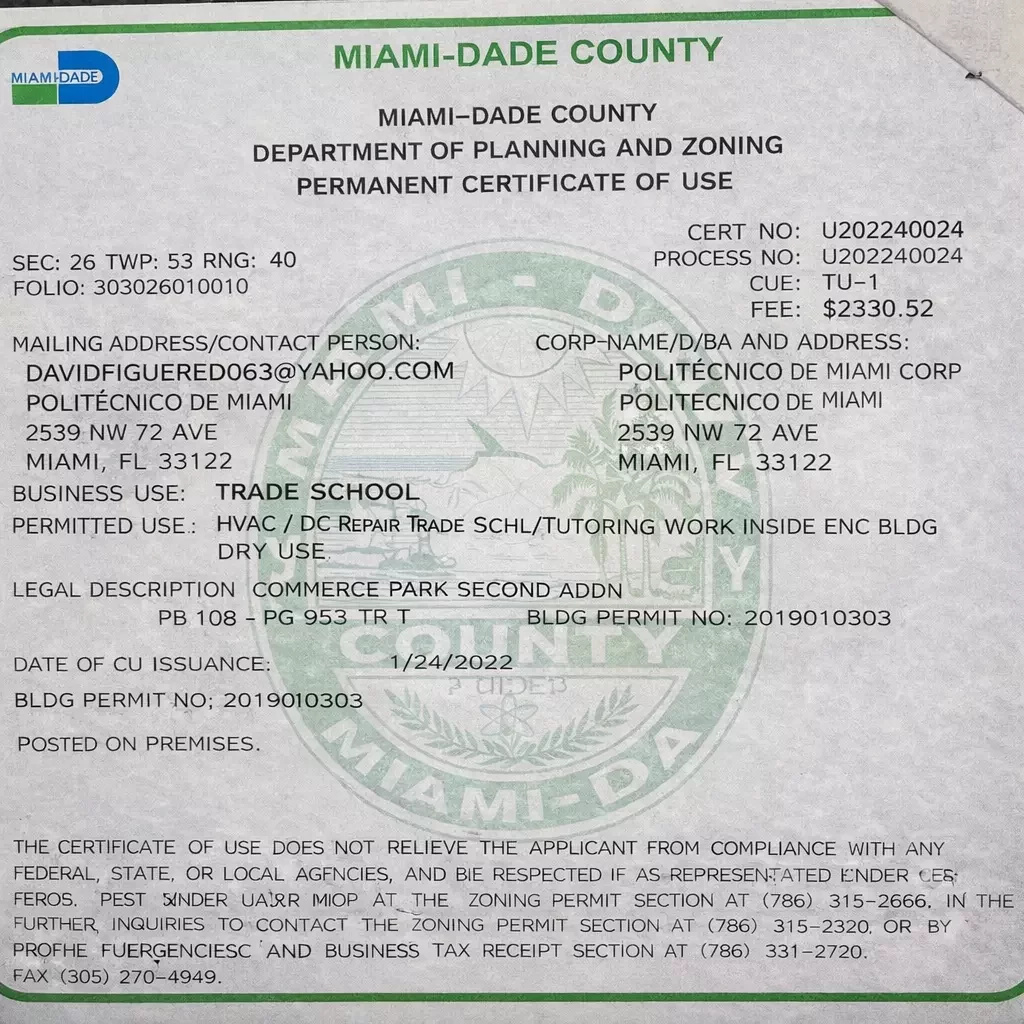Certificate of Use Miami-Dade County Politécnico de Miami