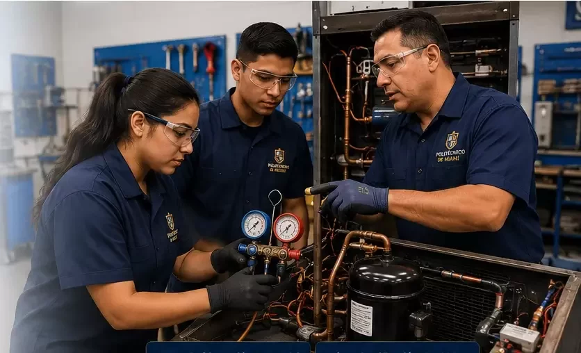 Estudiantes practicando HVAC y refrigeración comercial con un instructor en Miami